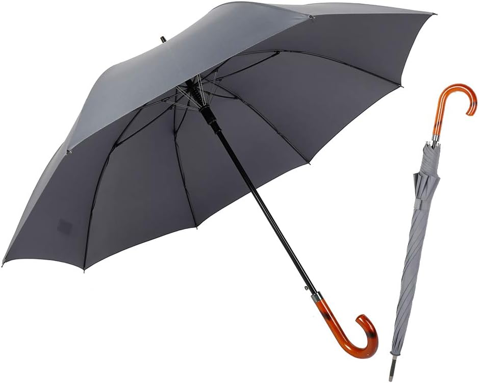 TIME LOVER Stick Umbrella Oversize Windproof Umbrella Wooden Hook Handle J Stick Automatic Open Fast Drying Umbrella for Men Women(Grey)