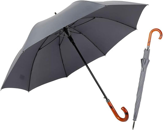 TIME LOVER Stick Umbrella Oversize Windproof Umbrella Wooden Hook Handle J Stick Automatic Open Fast Drying Umbrella for Men Women(Grey)