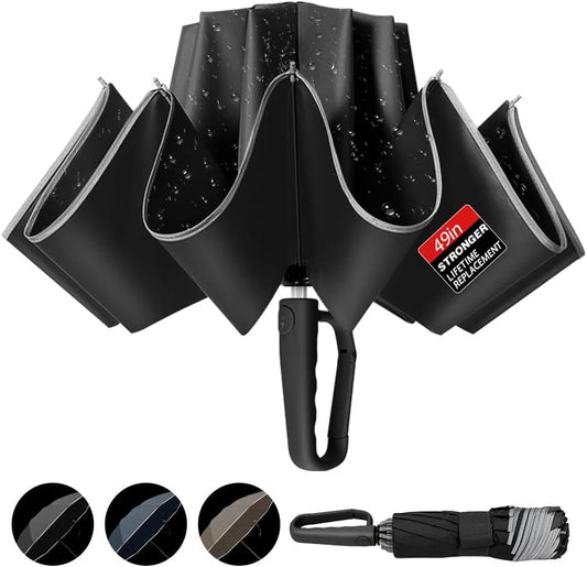 TOPSAIL 10 Ribs Inverted Umbrella with Carabiner Handle, Large Strong Windproof Umbrellas for Rain & Sun, 49" Portable Reverse Folding Compact Travel Umbrella with Safe Reflective Strip, for Women Men
