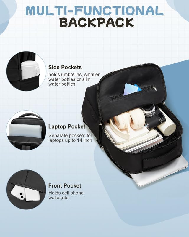 Black Laptop Backpack for Women Men Gym Work Backpack Casual Daypack Backpacks Small Travel Backpack for Traveling on Airplane Lightweight College Teacher Backpacks for Women