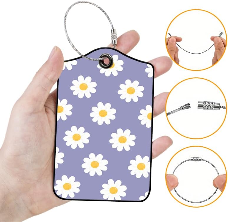 2 Pack Daisy Leather Luggage Tags for Suitcases, Travel Bag Tags with Privacy Cover ID Label with Stainless Steel Loop for Women Men Girls Backpack Gift (Cream Purple)