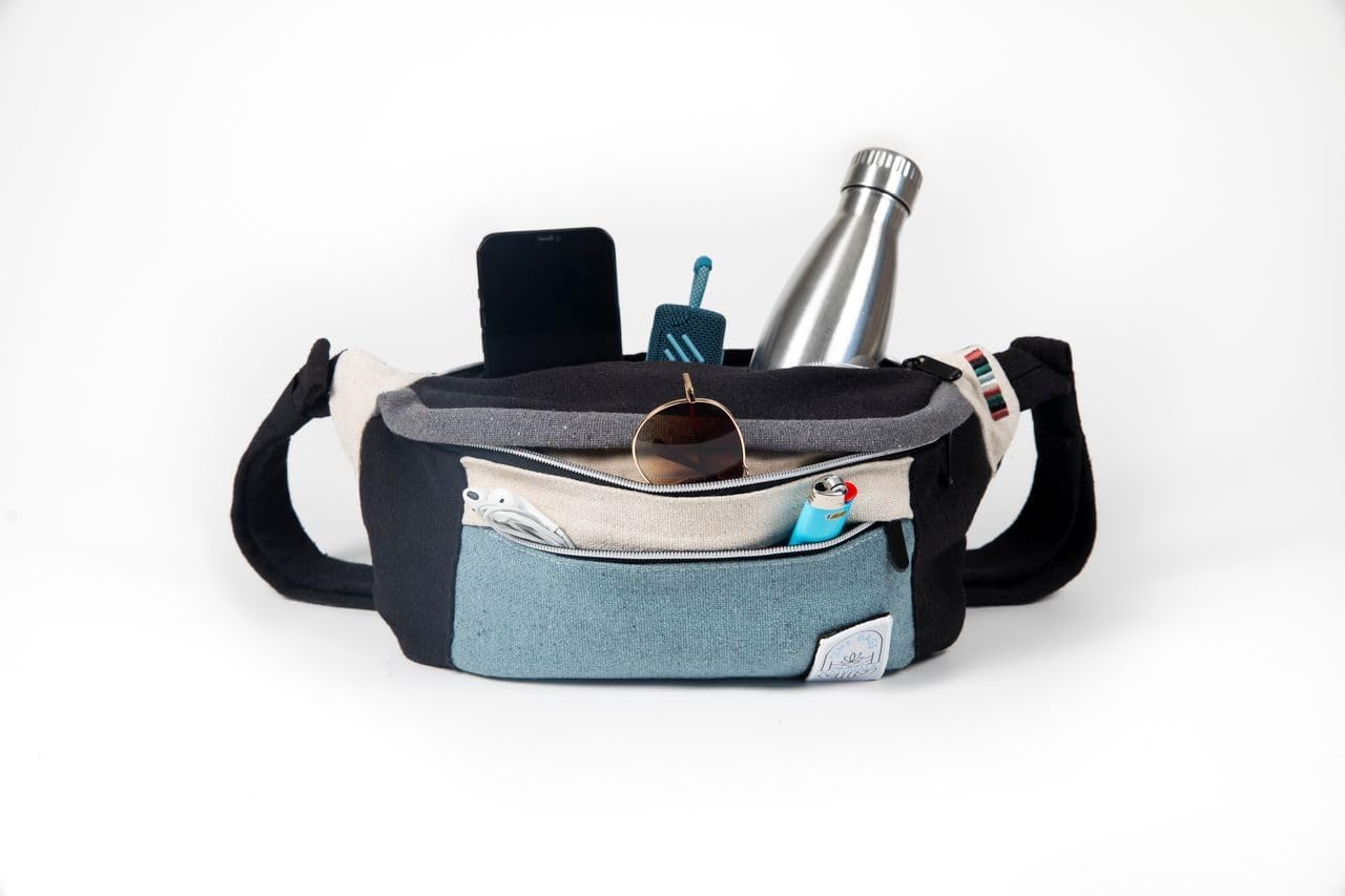 Dime Bags Oversized Fanny Pack, 100% Nepali Hemp Crossbody Waist Bag for Men & Women, Adjustable Strap, Multiple Pockets, Eco-Friendly Festival & Travel Bag, Boho & Neutral Colors, Reveller (Charcoal)