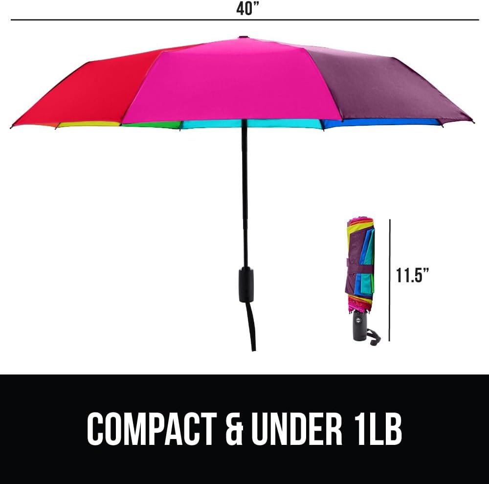 GORILLA GRIP Strong Windproof Stick Compact Umbrella for Rain, One-Click Automatic Open and Close, Durable Quick Dry Waterproof Material, Lightweight and Portable, Travel Size Fits Backpack, Rainbow