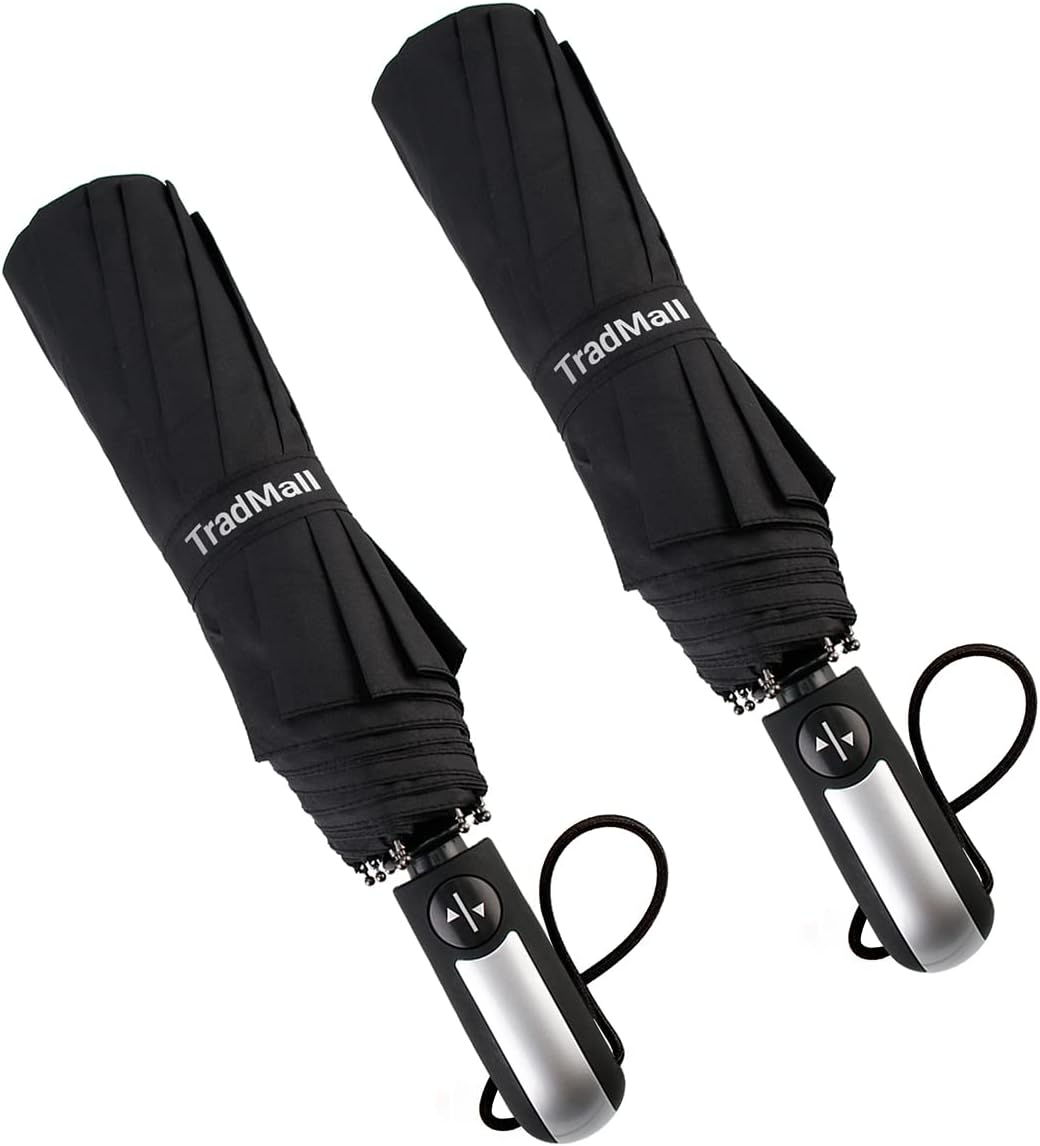 TradMall 2 Pack Travel Umbrella Windproof 46/56 Inches Large Canopy Reinforced Fiberglass Ribs Auto Open & Close