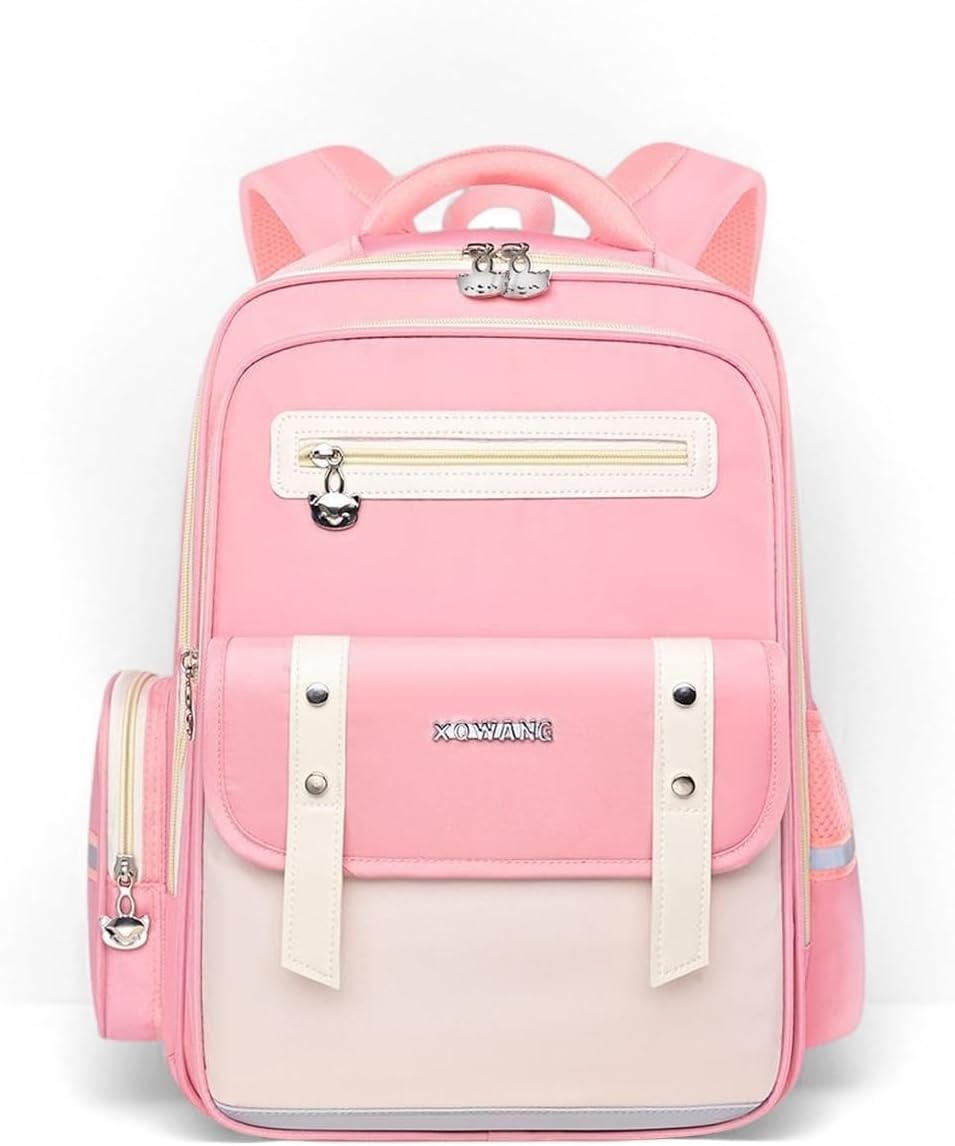 Kids Backpack for Kids, Lightweight Waterproof Pink White Backpack for School, Kindergarten Elementary School Students Boys & Girls Backpack with Safety Whistle and Includes a Detachable Waist Belt
