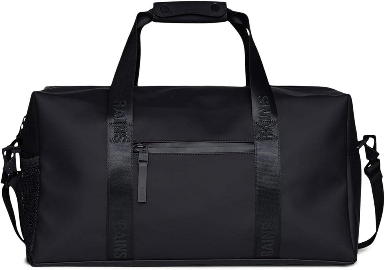 RAINS Trail Gym Bag - Black Waterproof Sports Duffel Bag for Men and Women with Shoulder Strap, Carry Handles and Mesh Pocket for Training or Travel - 2 Year Warranty