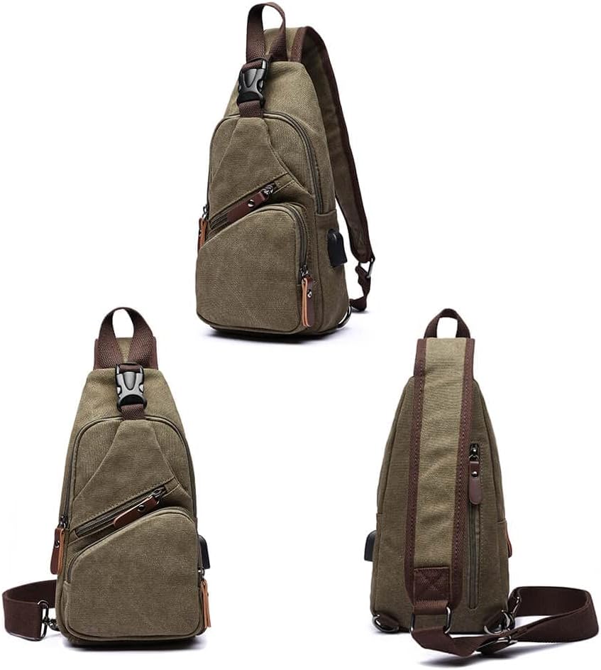Canvas Sling Bag Crossbody Backpack Shoulder Casual Rucksack for Men Women Outdoor Cycling Hiking Travel Fishing Green