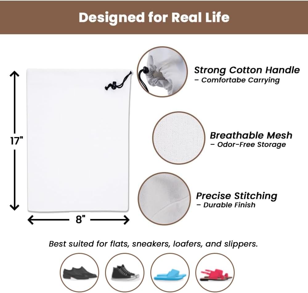 LFH Cotton Rich Shoe Storage Bags with Drawstring, Dustproof Breathable Reusable Organizer, Perfect