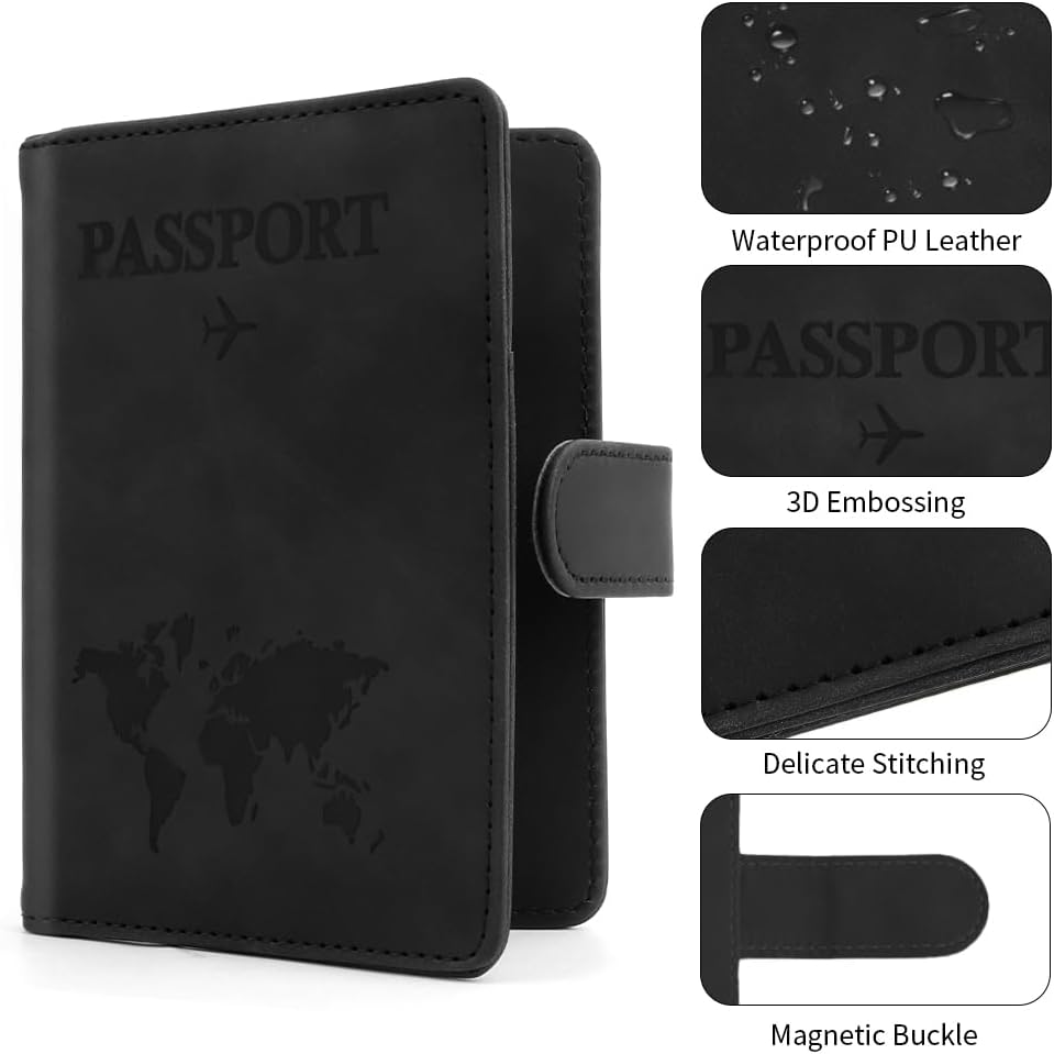 Passport Holder for Travel, Passport Cover Wallet, Premium PU Leather Passport Book Card Holder Case for Women Men, Waterproof RFID Blocking Flying Travelling Essentials Vacation Must Haves, Black