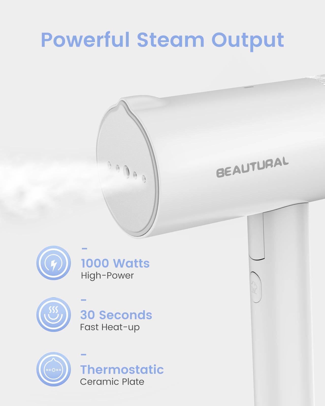 BEAUTURAL Travel Steamer for Clothes, Portable and Handheld, 1000W, White