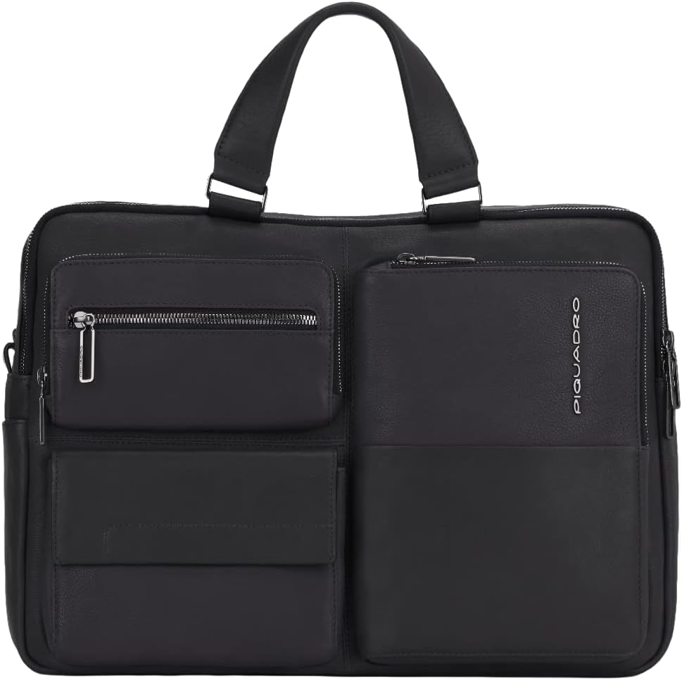 PIQUADRO Briefcase with two handles in leather and 2 compartments in leather, Black, One size