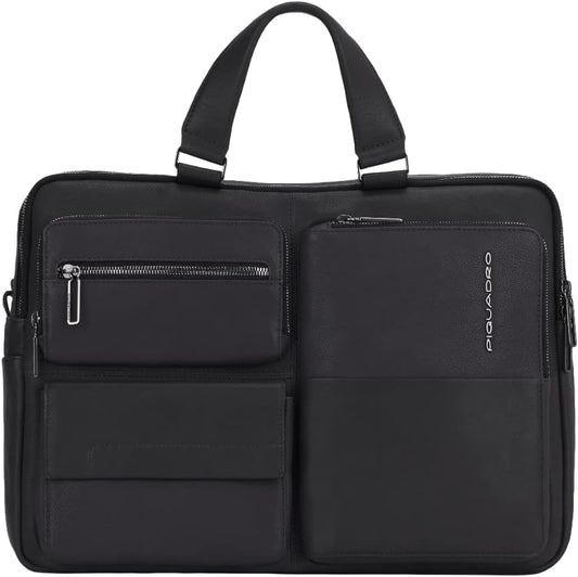 PIQUADRO Briefcase with two handles in leather and 2 compartments in leather, Black, One size