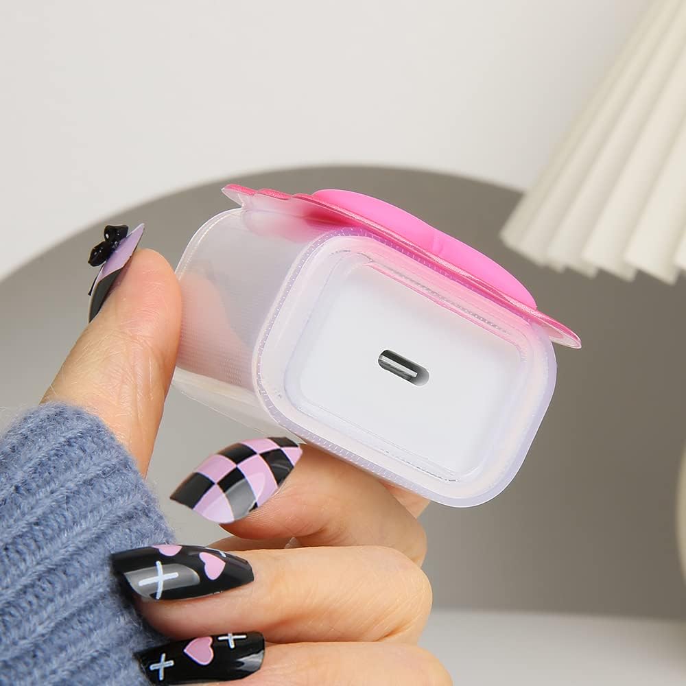 Compatible with iPhone 18W/20W USB-C Charger Cover Lovely 3D Love Heart Waves Clear Soft Charger Protector Cute Cable Saver for iPhone 11 12 13 14 Pro Max Fast Power Adapter, Rose 1 (5in1)
