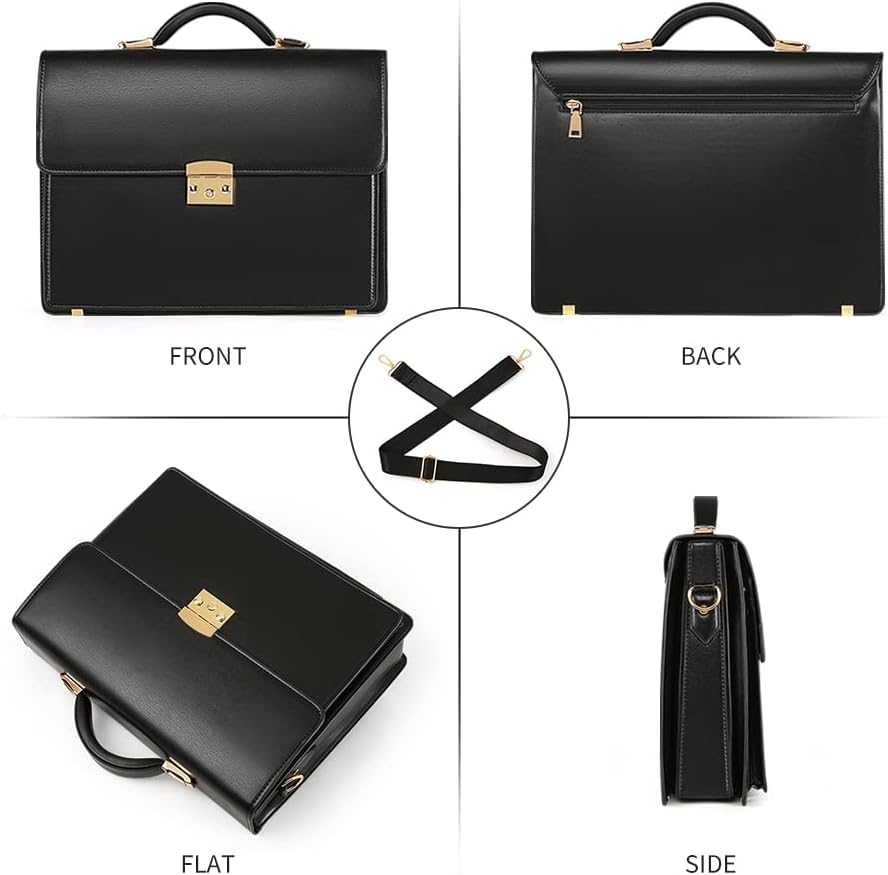 Briefcases for Men Business Mens Leather Briefcase Locking Black Laptop Messenger Bag Lawyer Hard Case
