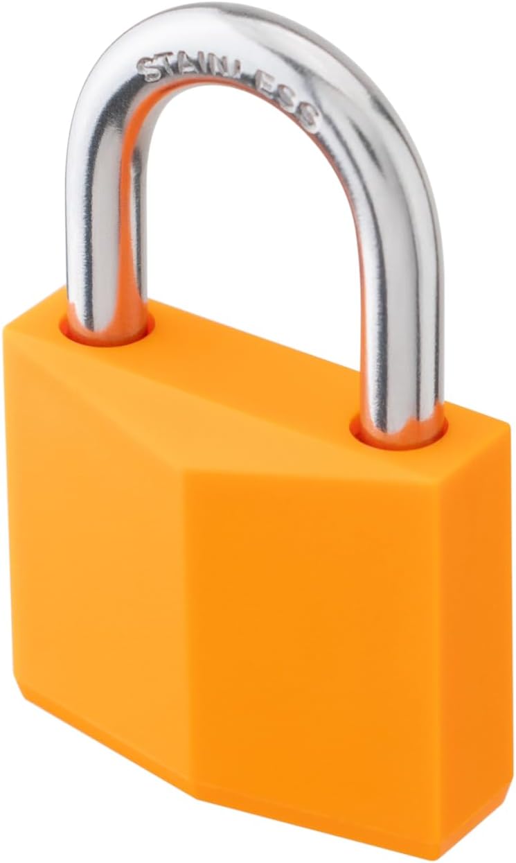 2-Pack Keyed Alike Locks, Orange Covered Brass Keyed Padlock with Stainless Steel Shackle, 1-9/16 Inch Lock Body, Rustproof Locks for Luggage Gate Fence Hasp Cabinet Toolbox Gym School Locker