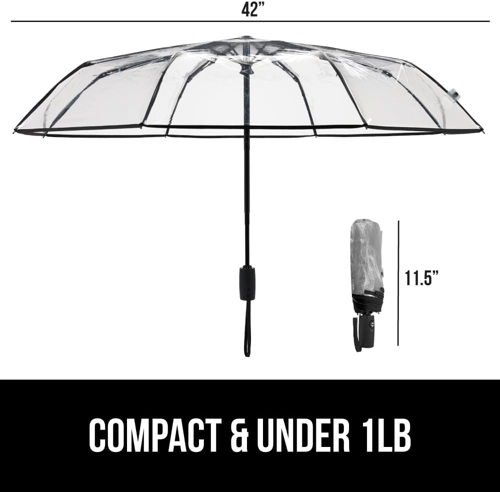 GORILLA GRIP Strong Windproof Stick Compact Umbrella for Rain, One-Click Automatic Open and Close, Durable Quick Dry Waterproof Material, Lightweight and Portable, Travel Size Fits Backpack, Clear