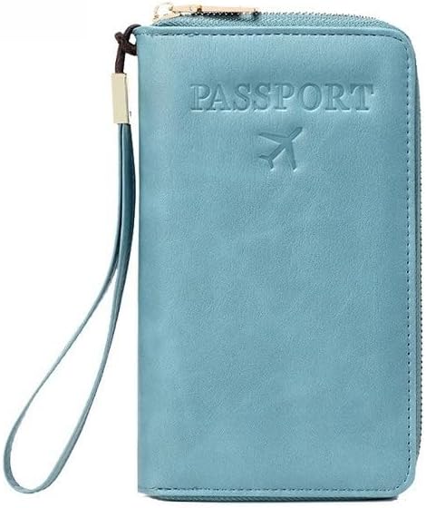 Unisex genuine leather wallet multifunctional RFID travel passport holder with protective cover (Blue)