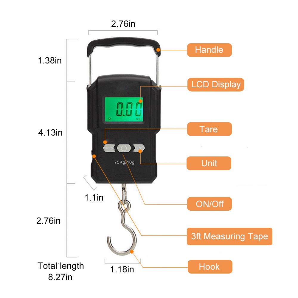 Portable Electronic Hook Scale Digital Hanging Bag Luggage Weight Scale Fishing Scale with Measuring Tape 165Lb Black