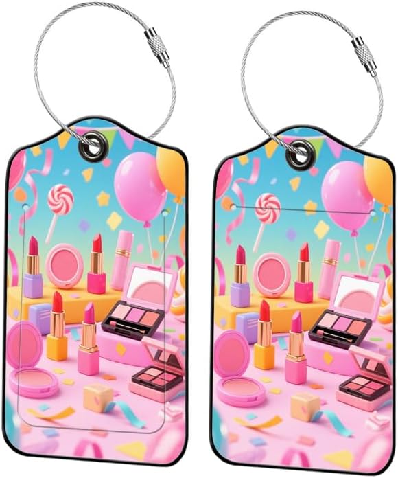 2 Pack Make Up Leather Luggage Tags for Suitcases, Travel Bag Tags with Privacy Cover ID Label with Stainless Steel Loop for Women Men Girls Backpack Gift (Pink Blue)