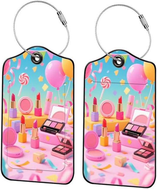 2 Pack Make Up Leather Luggage Tags for Suitcases, Travel Bag Tags with Privacy Cover ID Label with Stainless Steel Loop for Women Men Girls Backpack Gift (Pink Blue)