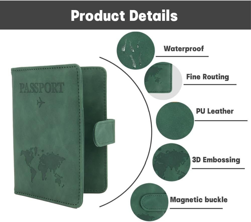 Green RFID Protected Passport Wallet, Unisex Adults Travel Accessory - Passport Case, Faux Leather, Bi-Fold, Magnetic Closure, 4.3 x 5.9 Inches