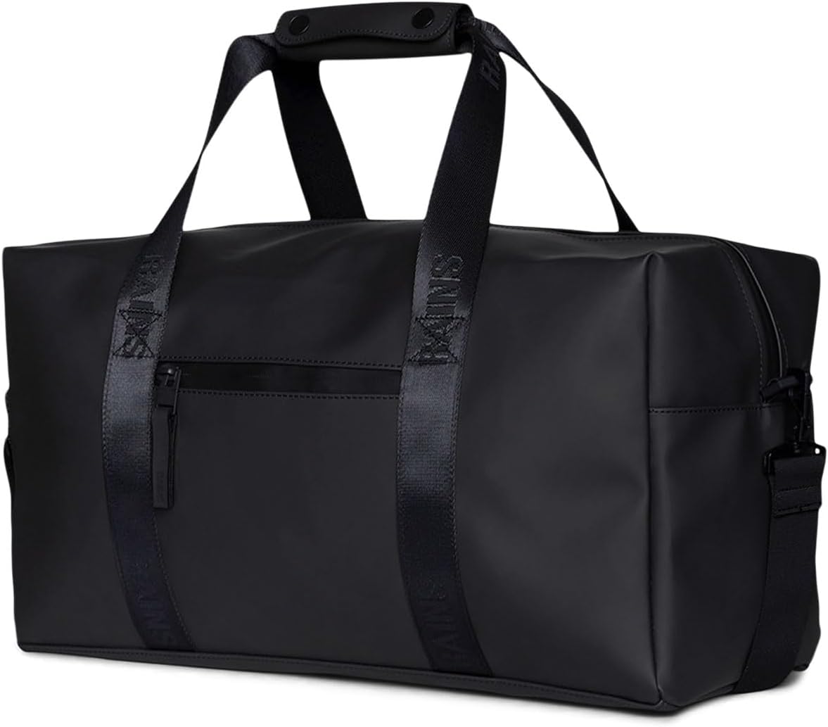 RAINS Trail Gym Bag - Black Waterproof Sports Duffel Bag for Men and Women with Shoulder Strap, Carry Handles and Mesh Pocket for Training or Travel - 2 Year Warranty