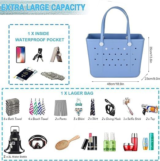 Rubber Beach Bag, Washable Moisture Resistant Durable Open Hole Tote Bag Beach Vacation Essentials