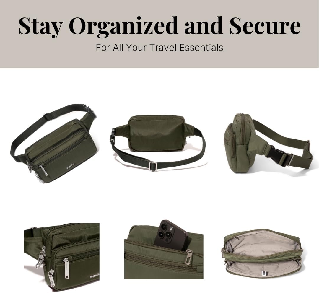 Baggallini Securtex Anti-Theft Belt Fanny Pack for Women RFID Wallet Locking Zipper-Travel Bag Crossbody Purse