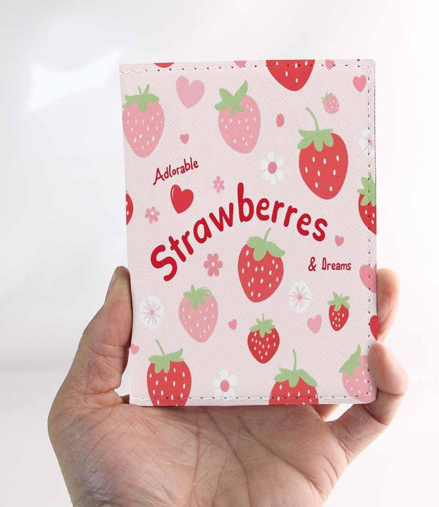 Strawberry Passport Holder for Travel Pink Strawberry Flower Love Heart PU Leather Passport Cover Wallet Cute Passport Card Holder for Women and Men