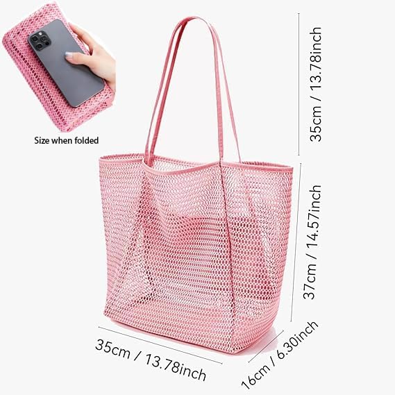 Mesh Beach Bag with Women - Ventilated Mesh Design with Inner Pocket -Vacation & Travel Have,Woven Shoulder Handbag