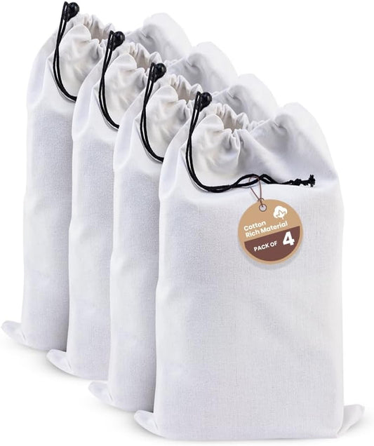 LFH Cotton Rich Shoe Storage Bags with Drawstring, Dustproof Breathable Reusable Organizer, Perfect For Travel, Dorm, Hotel, College, Gym, Easy to Carry, Machine Washable 12"x17" (Pack of 4) - White