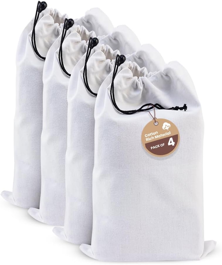 LFH Cotton Rich Shoe Storage Bags with Drawstring, Dustproof Breathable Reusable Organizer, Perfect For Travel, Dorm, Hotel, College, Gym, Easy to Carry, Machine Washable 8"x17" (Pack of 4) - White