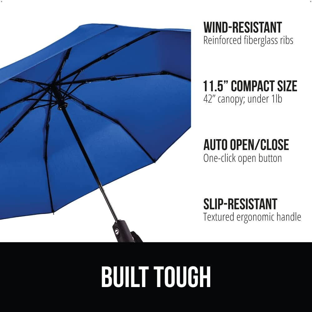 GORILLA GRIP Strong Windproof Stick Compact Umbrella for Rain, One-Click Automatic Open and Close, Durable Quick Dry Waterproof Material, Lightweight and Portable, Travel Size Fits Backpack, Navy