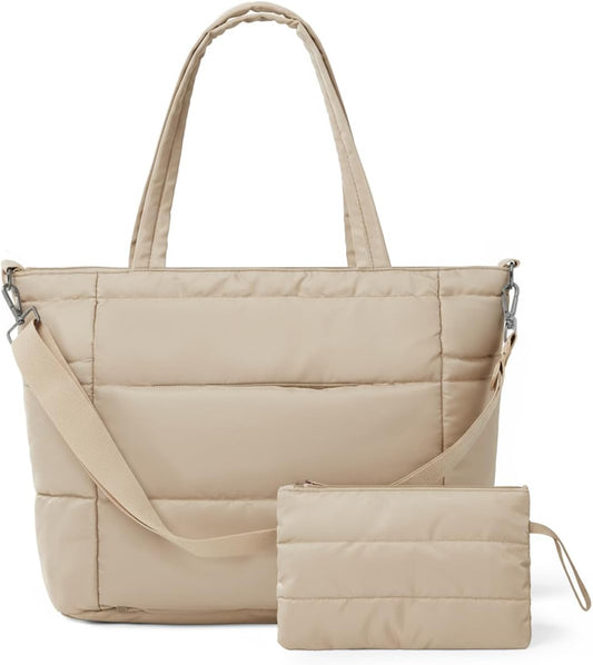 Puffer Tote Bag for Women, Lightweight Quilted Work Purse with Phone Pocket Fits 15.6" Laptop for Nurse Teacher Travel