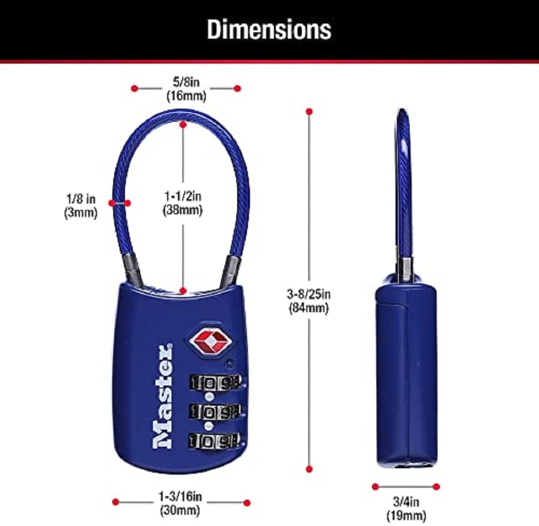 Master Lock Padlock, Set Your Own Combination TSA Locks for Luggage, Travel Zipper Lock with Cable Shackle is 1-3/16 in. Wide, Colors May Vary, 4688T, 2 Count (Pack of 1)