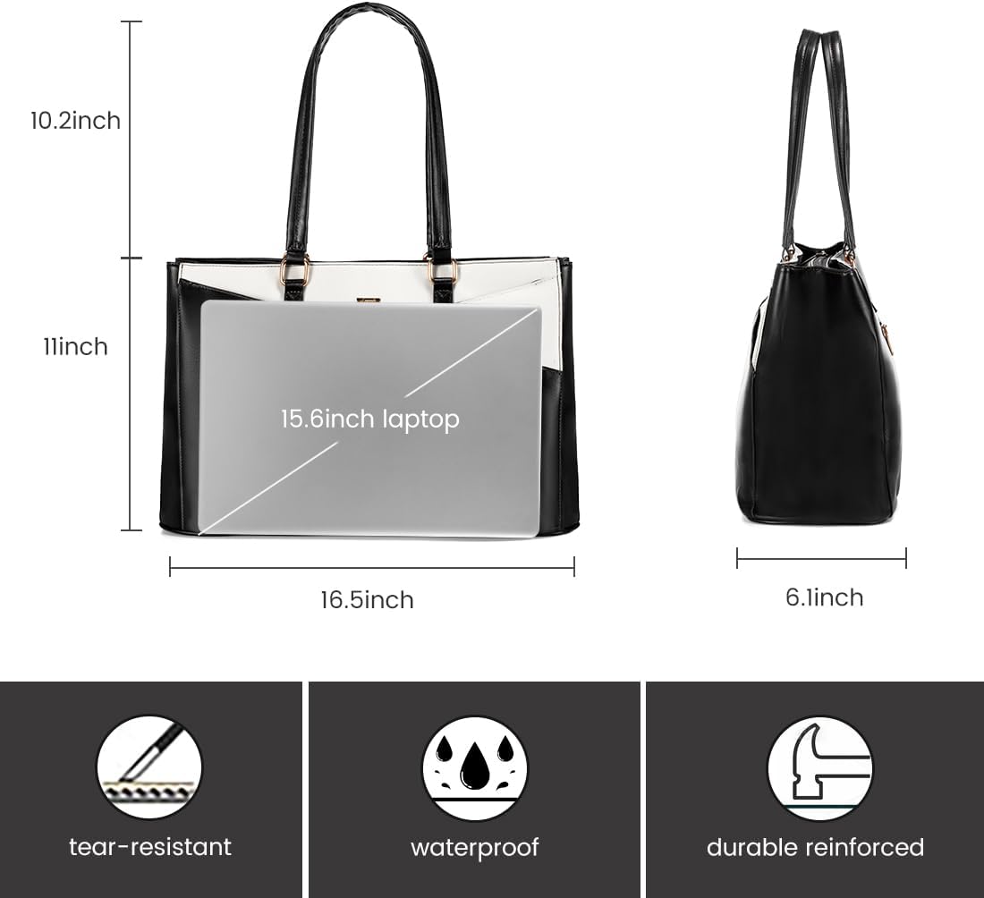 LOVEVOOK Laptop Bag for Women 15.6 Inch Tote Bags Waterproof Leather Briefcase Computer Women Business Office Work Bag,Black-White