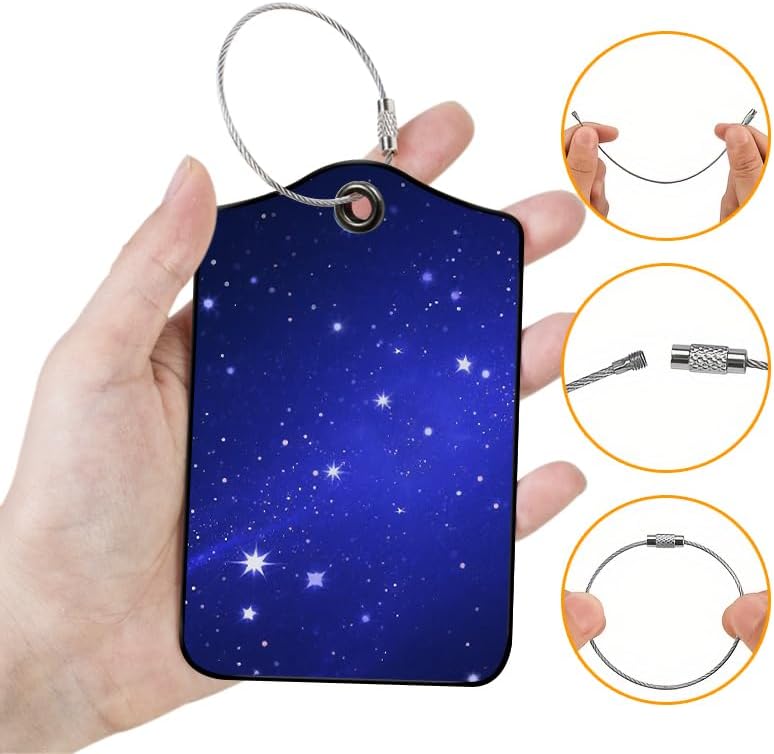 Starry Night Sky Leather Luggage Tags for Suitcases, 2 Pack Travel Bag Tags with Privacy Cover ID Label with Stainless Steel Loop for Women Men Girls Backpack Gift (Blue Purple)