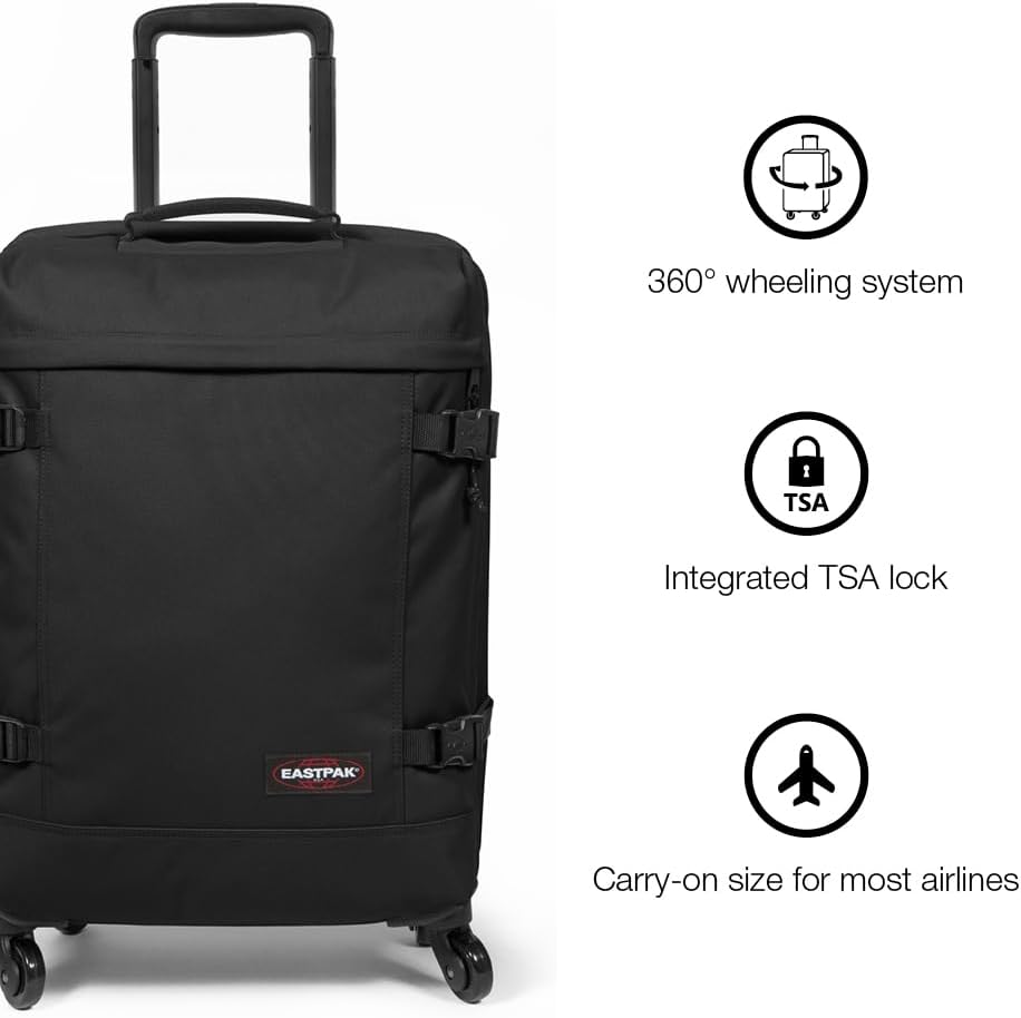 EASTPAK Trans4 S – 44L Large Wheeled Luggage with Dual Compartments, TSA Lock, 360° Spinner Wheels, and Diamond-Embossed Handle, Black Denim