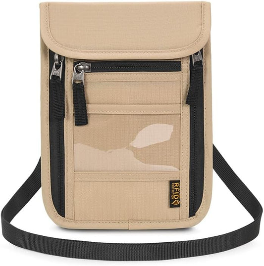 Passport Holder for Travel, Neck Pouch Travel Wallet With RFID Blocking, Waterproof Lightweight Passport Wallet for Women and Men (Khaki)