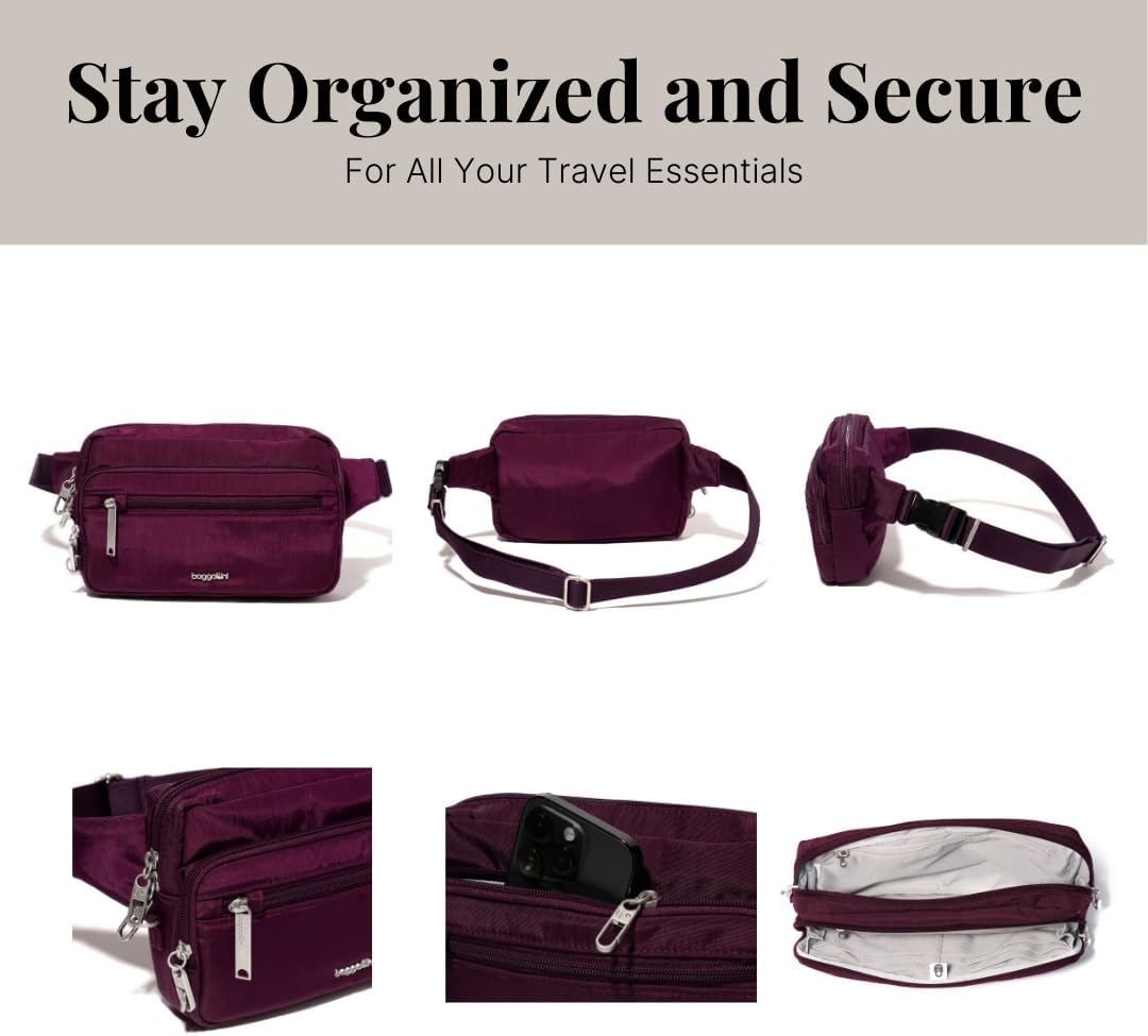 Baggallini Securtex Anti-Theft Belt Fanny Pack for Women RFID Wallet Locking Zipper-Travel Bag Crossbody Purse