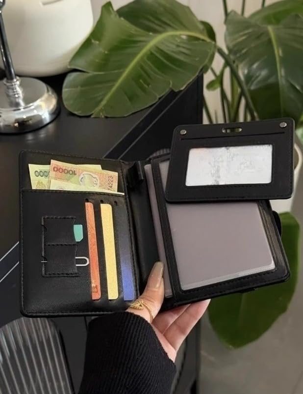 Unisex genuine leather wallet RFID shielding travel passport holder with card slots and pen holder (Black)