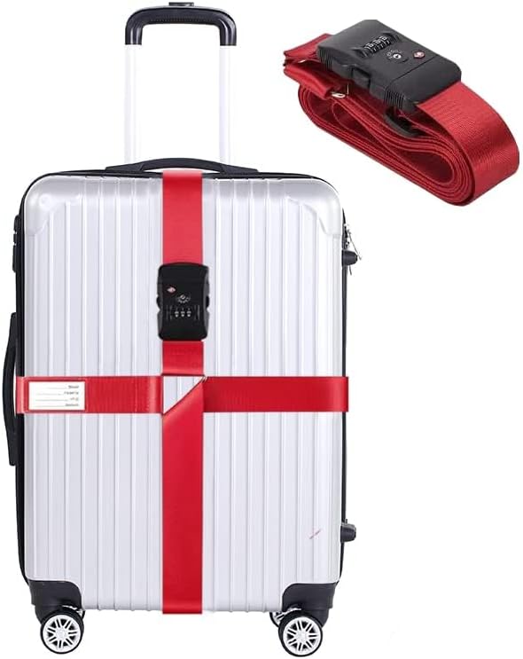 Luggage Straps for Suitcases TSA Approved Heavy Duty Adjustable Travel Belt Cross Suitcase Belts Luggage Tags with Name ID Card Travel Accessories Fit for 20-32 Inch Suitcase (Red)