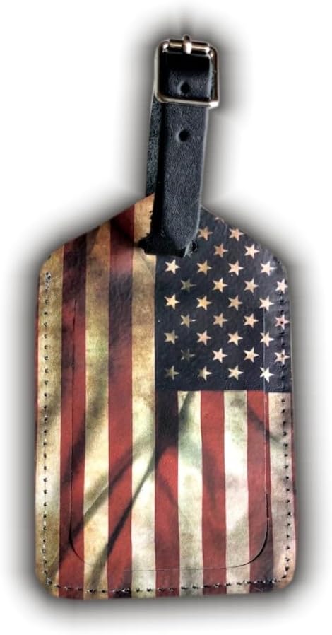 Mulch Leather Genuine Cow Leather Luggage Tag for Baggage ID Tags Travel Bag Tags for Suitcases Privacy Cover ID Label (USA Flag)