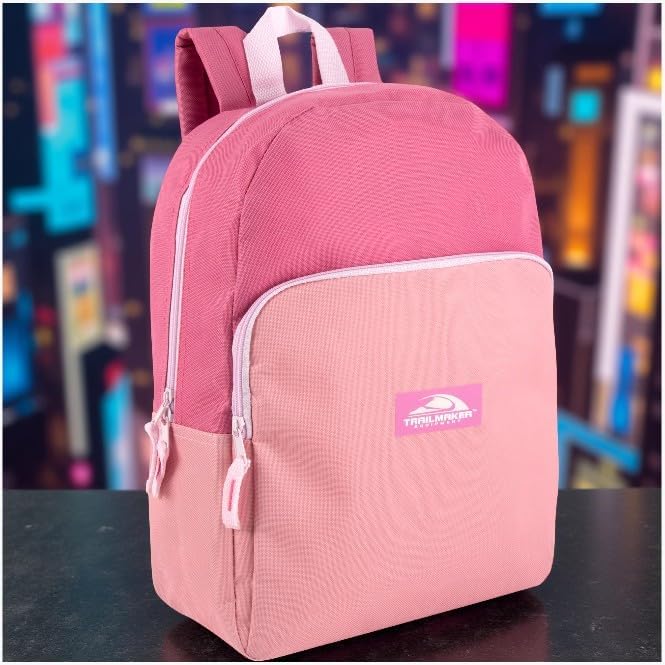 Color Block Backpacks for School Boys and Girls, 15 Inch Two Tone Colorful Small Travel Backpack for Kids (Pink)