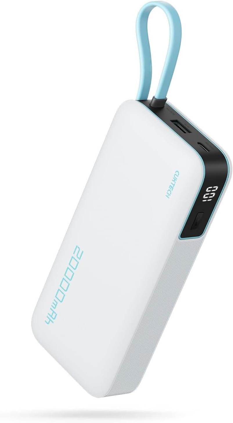 CUKTECH 45W Power Bank 20000mAh, Portable Travel Charger Built-in USB C Cable, Fast Charging Battery Pack for iPhone 16/15/14/13, iPad, Samsung Galaxy, Google Pixel, Android and More (White)