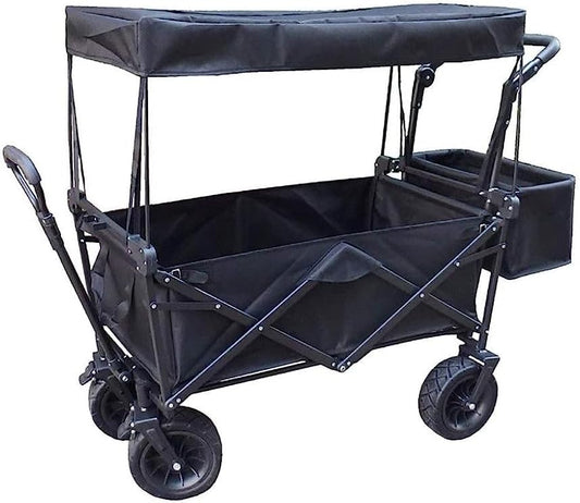 Heavy Duty Folding Trolley with Canopy – Portable Outdoor Shopping Wagon for Camping, Travel, & Kids’ Luggage, 150Kg Capacity, All-Terrain Black Cart for Garden & Mall