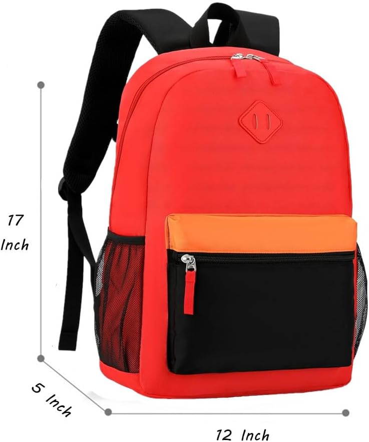 Kids Backpack Lunch Box Set Elementary School Backpacks 5-9 Years for Boys and Girls with Chest Buckle (Set Red Black, Large-17 H)