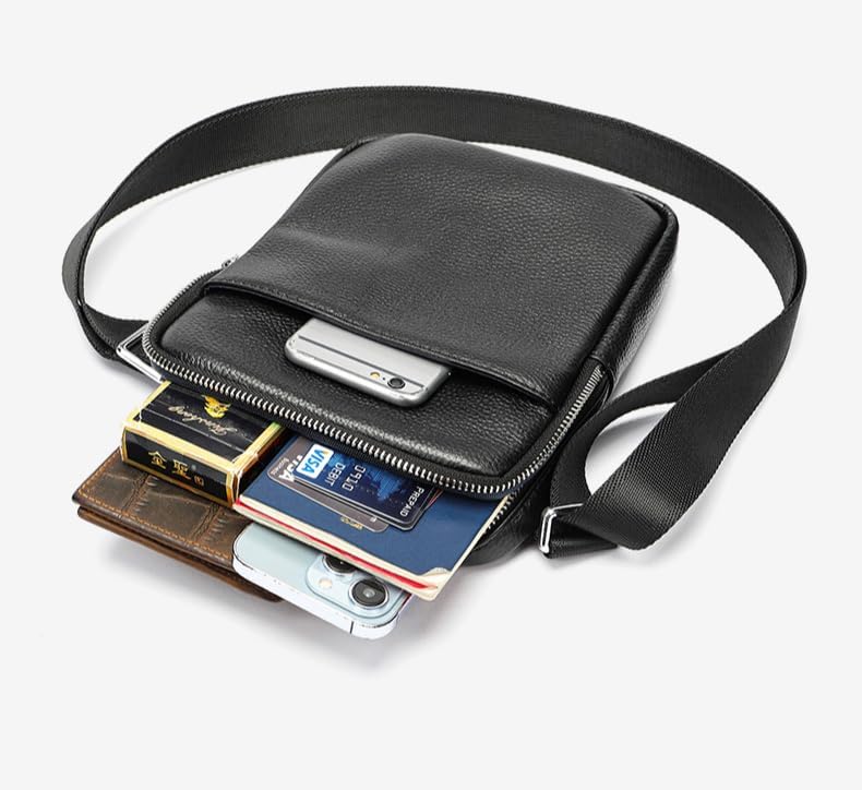 Men's Small Genuine Leather Messenger Bag Multi-Pocket Zipper Shoulder Bag Compact Mini Crossbody