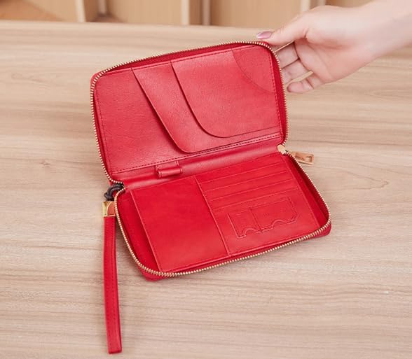 Unisex genuine leather wallet multifunctional RFID travel passport holder with protective cover (Red)