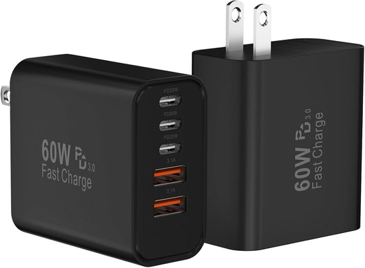 USB C Fast Wall Charger Block, 2Pack 60W USBC Charging Cubes, 5-Port PD+QC Power Adapter Multiport Brick Type C Box Plug for Phone 16/15/14/13/12/11/Pro Max/Plus, Pad Mini/Pro/S25/S24-Black